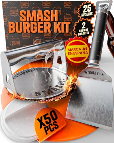 SMASHI® Smash Burger Kit Grundläggande Professionell + Spatel med Öppnare | Hamburgerpress i Rostfritt Stål 304 Certifierat EU | 50 Antihäftpapper | Original Smash Kit (Grundläggande)
