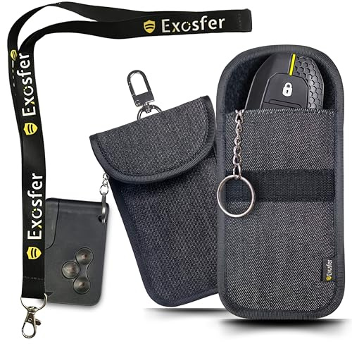 EXOSFER Keyless Go Schutz Autoschlüssel Hülle Jeansstoff – RFID Blocker Faraday Tasche gegen Relay-Angriffe – 2er-Set S + M mit Schlüsselband – Diebstahlschutz