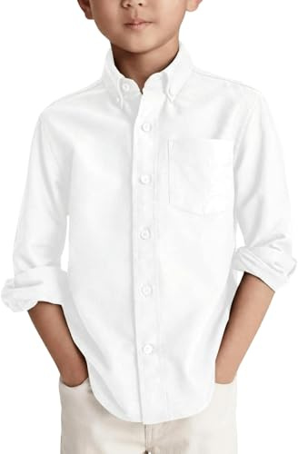 Haloumoning Camicia a maniche lunghe, in cotone, casual, per bambini, tinta unita, con tasca sul petto, bianco, 10-12 anni