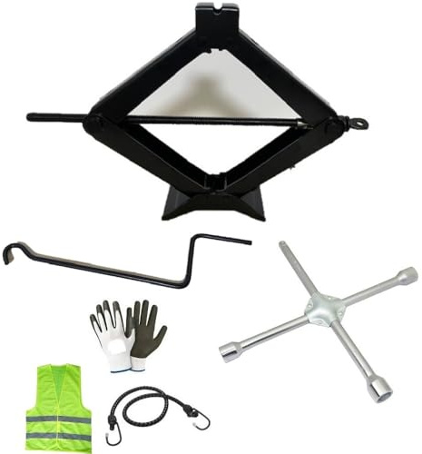CRIC A PANTOGRAFO DA 2 TONNELLATE+CHIAVE A CROCE COMPATIBILE CON ASTON MARTINI DB9 CABRIO SET EMERGENZA STRADALE PER AUTO CRIC CON CHIAVE GIREVOLE OMOLOGATO+CHIAVE A CROCE PER BULLONI 17,19,21,23MM