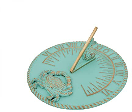 Renovators Supply Manufacturing Meridiana in ottone con finitura verderame, diametro 25,4 cm, quadrante vintage da giardino o prato, orologio da giardino o prato, quadrante con pesce e placca di