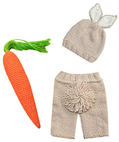 IBTOM CASTLE Rabbit Costume Newborn Baby Girls Boys Crochet Knit Outfit Hat + Pants + Carrot Photo Photography Props Clothes Set Easter Bunny 1st Birthday Party Cake Smash Fancy Dress Up Clothing