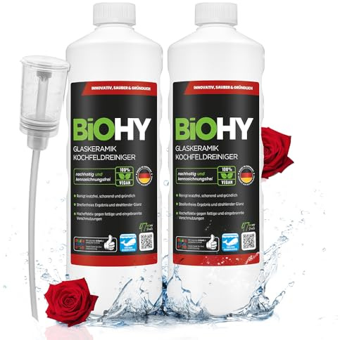 BiOHY Detergente per piani cottura in vetroceramica (2 bottiglie da 1l) + Distributore | Ottimo per la pulizia e la cura del piano cottura e per l’induzione (Kochfeldreiniger)