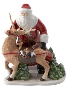Villeroy & Boch - Christmas Toy's Figura Papá Noel con Ciervo, Figura Decorativa de Porcelana de Pasta Dura, para Velas largas, Multicolor, 30 x 24 x 35 cm