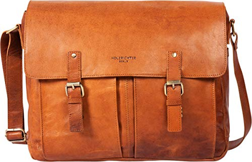 HOLZRICHTER Berlin - Lehrertasche aus Leder (No 4-1), 31x38,5x11cm Laptoptasche für Herren, Hochwertige 15 Umhängetasche für die Arbeit & Uni, Schultertasche in Cognac
