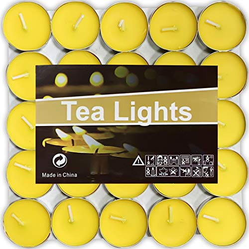 OUO Tea Lights - 50 Pack Smokeless, Dripless & Long Lasting Mini Tealight Candles for Mood, Dinners, Parties, Home Decoration, Wedding, Crafts (Yellow)