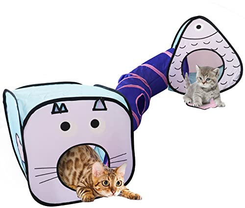 Katzentunnel, Katzenspielzeug Tunnel und Würfel Bundle - Interaktive Crinkle zusammenklappbar Katze Rohr und Faltbare Würfel Spielplatz für Kitty, Kaninchen, Welpen
