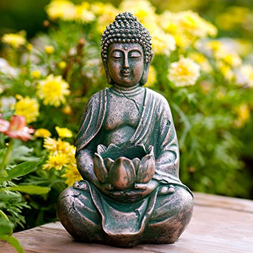 Yeomoo Meditation Buddha Figur Teelichthalter/Kerzenhalter Deko Wohnzimmer – Buddha Figuren mit Lotus Zen Zimmer Dekoration Gartendeko für Draußen mit LED Teelicht Personalisierte Geschenke Kuper 20CM