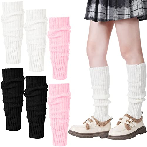 Eurzom 3 Pairs Kawaii Winter Knitted Japanese Style Leg Warmers Knee High Loose Socks Y2k Harajuku Leg Warmers for Girls(Black, White, Pink,Common)