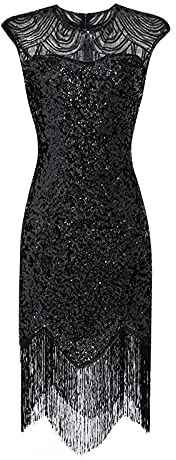 Robe à Franges à Sequins Années 20 - V Neck Paillettes Femme Flapper Soirée Longue Perlée Gatsby Élégante Vintage Danse Tango Latine