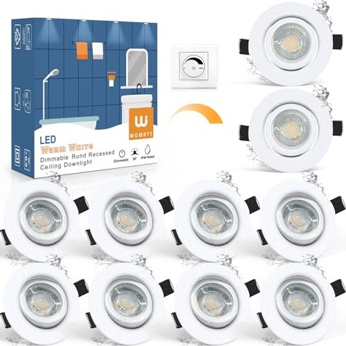 wowatt 10er LED Einbaustrahler Dimmbar Weiß 5.5W LED Spot Ersetzt 60W Halogen Deckenspots led 230V Ultra Flach IP44 Bad Einbauleuchten 2800K Warmweiß Hell 600lm Einbauspots 68mm Schwenkbar Rund