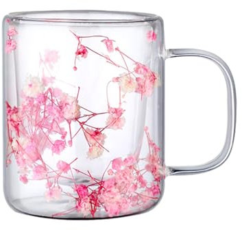 Taza de café Genérico con flores secas de doble pared, taza de café transparente con flores secas de 250 ml con mango antiescaldado
