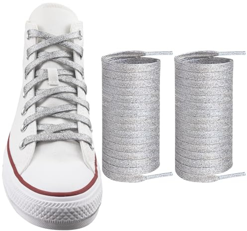 Endoto Glitter Metallic Shoe Laces for Men Women Sneakers, 8MM Flat Sequin Shiny Shoelaces, Sparkle Strings(Color:Silver,Size:54Inch)