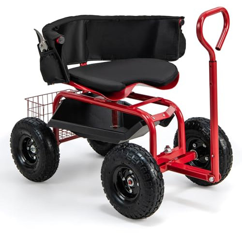 SOARS Rollsitz für Gartenarbeit, Gartensitz 360°drehbar, 60-69cm höhenverstellbar, Gartenwagen mit ausziehbarem Griff, Ablage & Korb, Arbeitssitz 135kg belastbar für Gartenarbeit & Autopflege