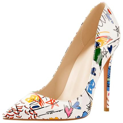 blingqueen Stiletto Heel Pumps for Women Pointed Toe High Heels Wedding Shoes Sexy 4.7 Inch Heel for Women Pole Dancing Shoes Casual Court Shoes Graffiti Party Dress Size 5 UK