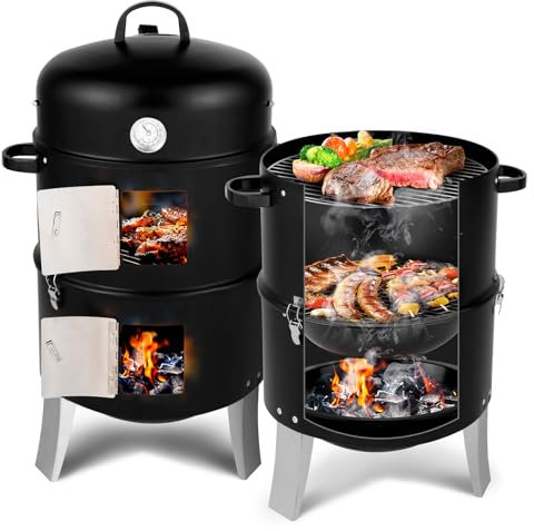 Outopee Vertical 18.5 Barbecue Charcoal Smoker, Heavy Duty 3-in-1 Portable Outdoor BBQ Grill Cooker with Built-in Thermometer for Outdoor Backyard Cooking Grilling Camping