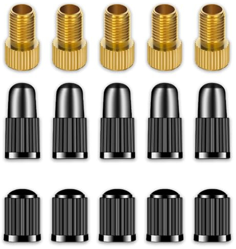 Set di adattatori per valvola della bicicletta, 5 valvole Presta + 5 valvole Schrader + 5 adattatori per valvole in ottone per bicicletta, e-bike, e-scooter, MTB, tappi per valvole e tubi (Presta