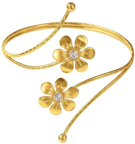 QhgPnt Gold Arm Cuff, Stylish Upper Arm Bracelet for Women, Floral Boho Jewelry, Ideal for Daily Wear and Special Occasions, Adjustable Metal Design