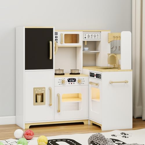 Vavkorkula Kids Kitchen Playset with Lights & Sounds, Wooden Corner Play Kitchen with Sink,Oven, Ice Maker & Pretend Play Accessories, Educational Toy Kitchen Set for Toddlers, White