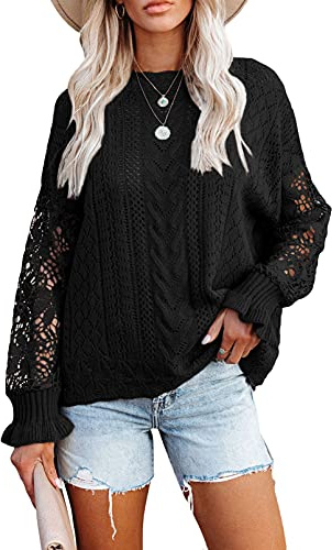 Jusfoouo Pull Femme à Motifs Crochetés avec Manches Papillon en Dentelle - Col Rond, Coupe Délavée