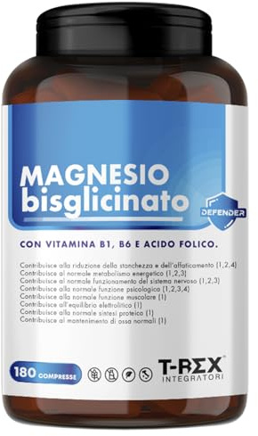 Magnesio Bisglicinato 375mg con Vitamina B6, B1 e Acido Folico | Integratore Alta Biodisponibilità | Sistema Nervoso, Energia, Muscoli e Ossa T-Rex Integratori (180 compresse)