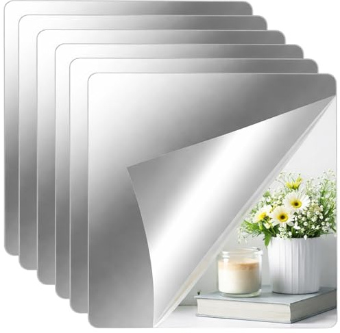 YciVhh 6pcs Self Adhesive Mirror, 20x20cm Mirror Tiles, Stick On Mirror, Decorative Wall Mirrors for Home decoration, For Wardrobe Doors, Wall, Bathroom, Bedroom and Family Fitness