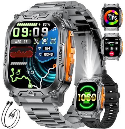 HIRREO 1000mAh Smartwatch Uomo, 2.01″ Orologio Smart Watch con Chiamata Bluetooth,Torcia LED Militare Orologio Fitness, 100+ Modalità Sportive,Sonno/Cardiofrequenzimetro, IP68, Android iOS, Nero