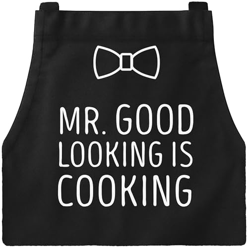 MoonWorks Koch-Schürze Grill-Schürze für Herren mit Spruch Mr Good Looking is Cooking Fliege Schwarz unisize