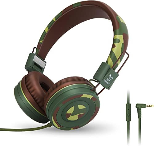Yomuse Cuffie per Bambini con Microfono, Camo Cuffie con Filo, Pieghevoli, Cavo Aux da 3.5 mm, Cuffie On-Ear per Smartphone/PC/Tablet/TV/MP3/4 (Verde)