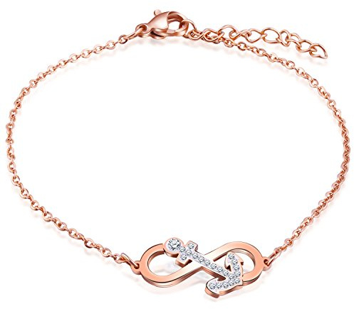 Feilok Élégant bracelet réglable en acier inoxydable avec symbole de l'infini et de l'ancre - Pour femme - Or rose/argenté, Acier inoxydable, Cristal