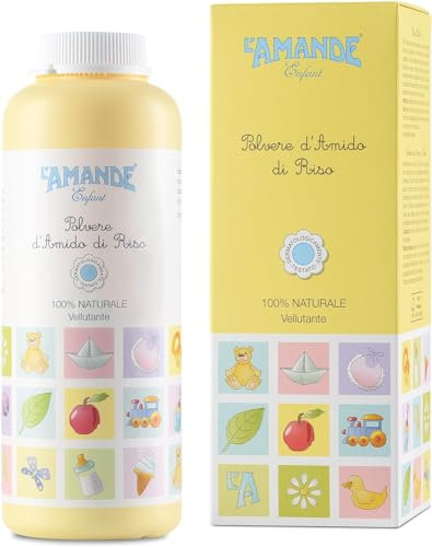 L'AMANDE - Amido di Riso Bagnetto Neonato, Talco Profumato in Polvere per Bambini e Neonati, Rinfrescante ed Emolliente Contro Arrossamenti e Irritazioni, Polvere Vellutante Naturale - Enfant, 150 g