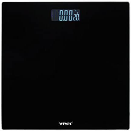 WENKO DIE BESSERE IDEE Personenwaage LCD, präzise, digitale Körperwaage aus Sicherheitsglas mit automatischer Ein-/Ausschaltfunktion und Step-On-Technologie, bis 150 kg, großes LCD Display, 28 x 2,2 x 28 cm, Schwarz