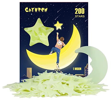 Pegatinas Infantiles 3D, CAYUDEN 201 pcs Estrellas Fluorescentes para Techo Vinilos Infantiles Estrellas Pegatinas de pared 3D con Luna Decoraciones de Pared Pegatinas Niños para Bebé, Dormitorios