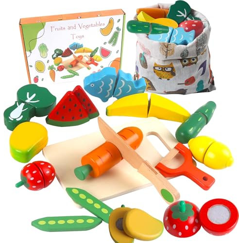 HVDHYY Lebensmittel Spielzeug aus Holz Obst und Gemüse zum Schneiden Spielküche Zubehör Holz Küchenspielzeug für Kinder Kaufladen Zubehör Kinderküche zum Weihnachten Geburtstag Kindertag Gegenwärtig