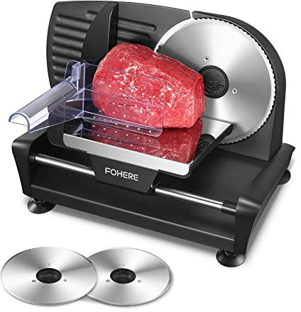FOHERE Electric Meat Slicer Machine 200W for Home Use, with 2 Removable Stainless Steel Blade(Smooth/Serrated) and Food Pusher, Safety Switch, 0-15mm Thickness Adjustment, for Cheese, Bread