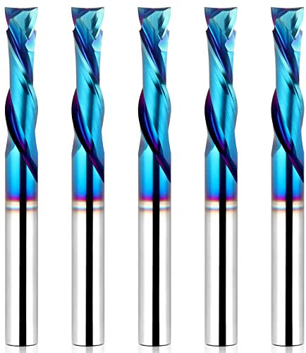 EANOSIC 5PCS Spiral Router Bits Up/Down Cut Compression Bit 1/4 inch Cutting Diameter with Nano Blue Coated, 1/4 inch Shank Solid Carbide CNC End Mill for Wood Carving Engraver Milling Cutters