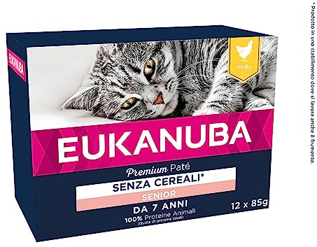 EUKANUBA Grain Free pour Chat Senior - Pâtée Premium SANS CEREALES – Sans gluten – Faible teneur en graisses - Riche en Poulet et enrichie en Taurine – 12 barquettes aluminium de 85 g