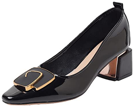 PTKG Chunky Blocco Basso Tacco Heels Pelle Scarpe con Tacco Donna Classiche Pumps Alto con Tacco Largo Ballerine A Blocco Medio Tacco 5CM,Nero,36EU