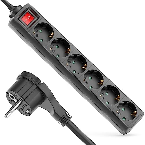 deleyCON Ciabatta Elettrica a 6 Prese con Spina Piatta e Interruttore ON/OFF Ciabatta Elettrica per Uso Interno Cavo 3,0 m Spina Piatta Robusto Alloggiamento in Plastica Nero
