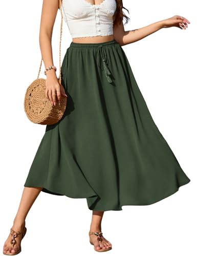 Zeagoo Maxirock Damen Lang Elegant Hohe Taille Rock Mit Kordelzug Grün Einfarbig Röcke Casual Midi Freizeitrock Hochzeit Cocktail Skirt Frühling Sommer