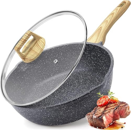 GiPP Padella antiaderente padella in granito da 4,3 l con coperchio, beccuccio e manico raffreddato, padella antiaderente non tossica, pentola per induzione, senza PFOA (grigio, 28cm)