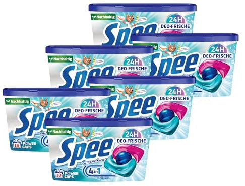 SPEE Power Caps Deo-Frische Frische-Kick 6x 18 WL (108 Waschladungen), vordosiertes Vollwaschmittel mit 4 + 1 Formel bekämpft Alltagsgerüche für 24 h Deo-Frische, für Temperaturen von 20° - 95° C