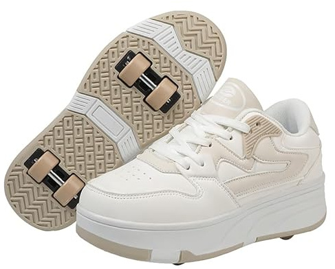 Mateju skor med hjul för pojkar, flickor, barn, rullskor, skor med 4 hjul, infällbara, ungdomar, utomhus, sneakers, 2-i-1, skoter, skor, sneakers, skateboardskor, Beige, 40 EU