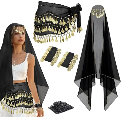4 Pcs Belly Dance Outfit Sets, Belly Dance Chiffon Hip Scarf & Head Scarf with Gold Coins, 1 Pair Coin Wrist Bracelet, 50 Pcs Bobby Pins, for Women Birthday Carnival Costume Accessory (Black)