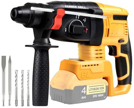 SDS-Plus Cordless Rotary Hammer Drill Compatible with Dewalt 20V Battery(NO Battery) Brushless Motor, Safety Clutch, 4 Functions with 5 Drills and Carrying Case for Concrete/Masonry/Wood/Metal
