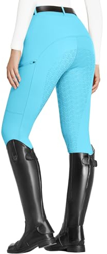 FitsT4 Sports Women's Full Seat Riding Tights with Zipper Pockets Horseback Riding Pants Equestrian Breeches for Women Light Blue M