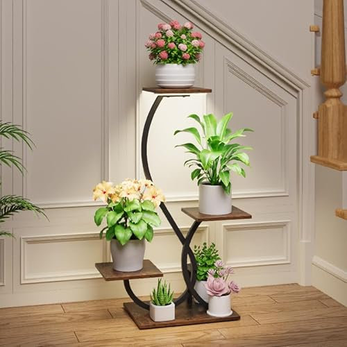 BACEKOLL Pflanzenständer mit Wachstumslicht - 4 Ebenen Blumenständer 81cm Metall Holz Pflanzenregal - Innen & Außen Blumentreppe - Dekoratives Schwarz Blumenregal für Indoor Garten Balkon