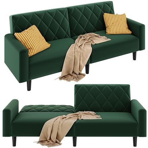 Yaheetech Convertible Sofa with Adjustable Backrest, Sturdy Upholstered Couch, Velvet Loveseat, Spacious Lounge Sofa for Living Room, Home Office, Flat, Green