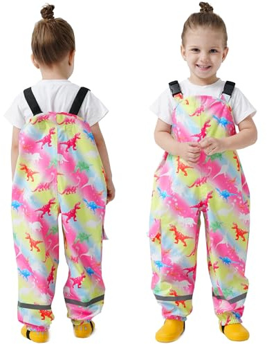 FILOWA Pantaloni impermeabili Bambina Ragazze Pantaloni Antipioggia con Striscia Riflettente Pantalone Fango Rosa Dinosauro Salopette Antipioggia Traspirante Abbigliamento Pioggia per Bambini 2-3 anni