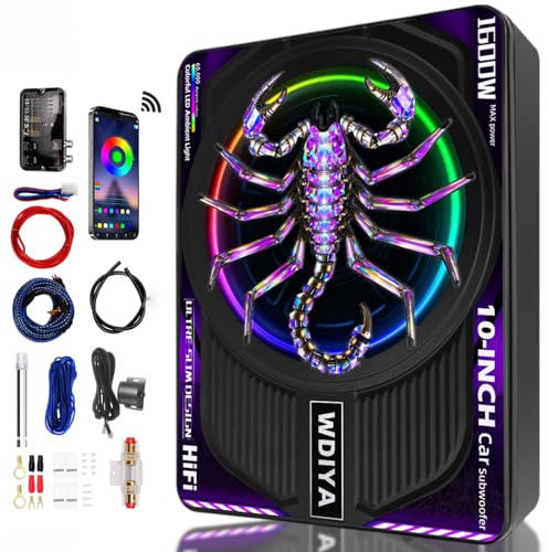 WDiYA Upgraded 1600W 10 Slim Under Seat Subwoofers with Amp & LED Ambient Lights for Truck/Car - Deep Bass, Individual Controls (LPF/Gain/Bass Boost), High Output Distortion-Free Audio